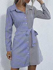 Buttoned Split-Joint Split-Side Striped Tied Waist Long Sleeves Loose Lapel Shirt Dress Mini Dresses