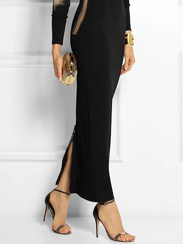 Floral Printed Long Sleeves Skinny Boat Neck Maxi Dresses