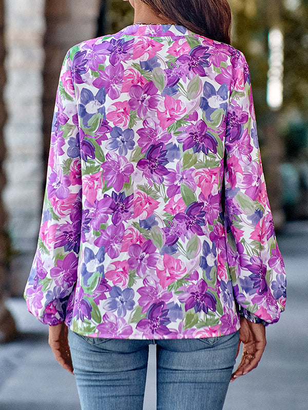 Elasticity Flower Print Long Sleeves Loose V-Neck Blouses&Shirts Tops