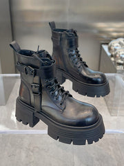 Buckle Lace-Up Round-Toe Solid Color Split-Joint Dr. Martens Boots Boots