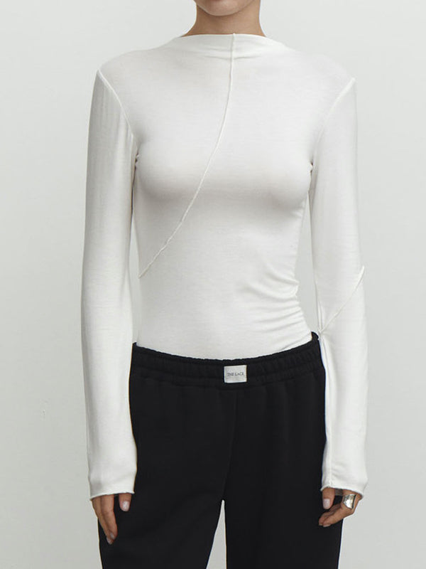Asymmetric Solid Color Long Sleeves Skinny Mock Neck T-Shirts Tops