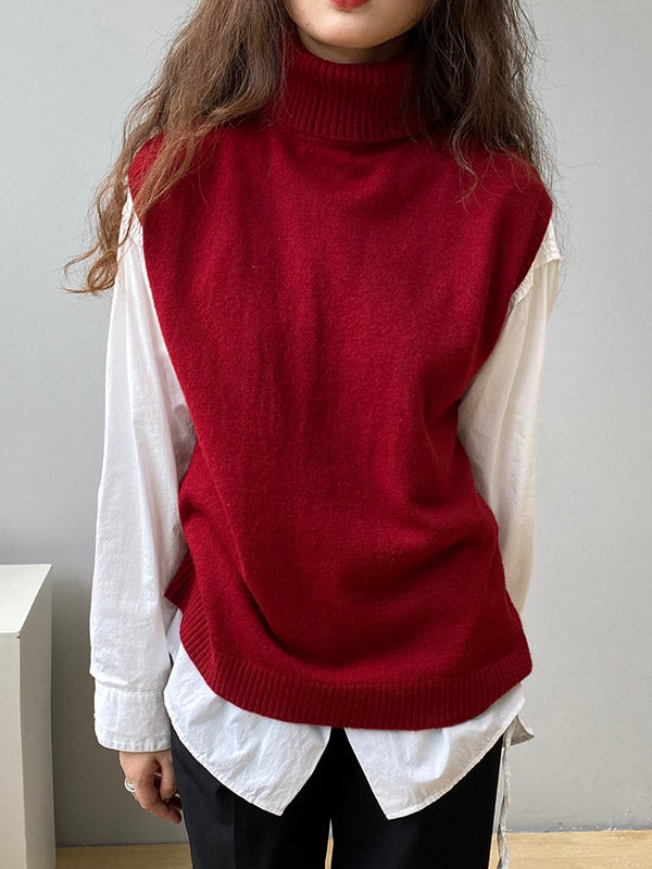 Simple Loose Solid Color High-Neck Knitting Vest Top