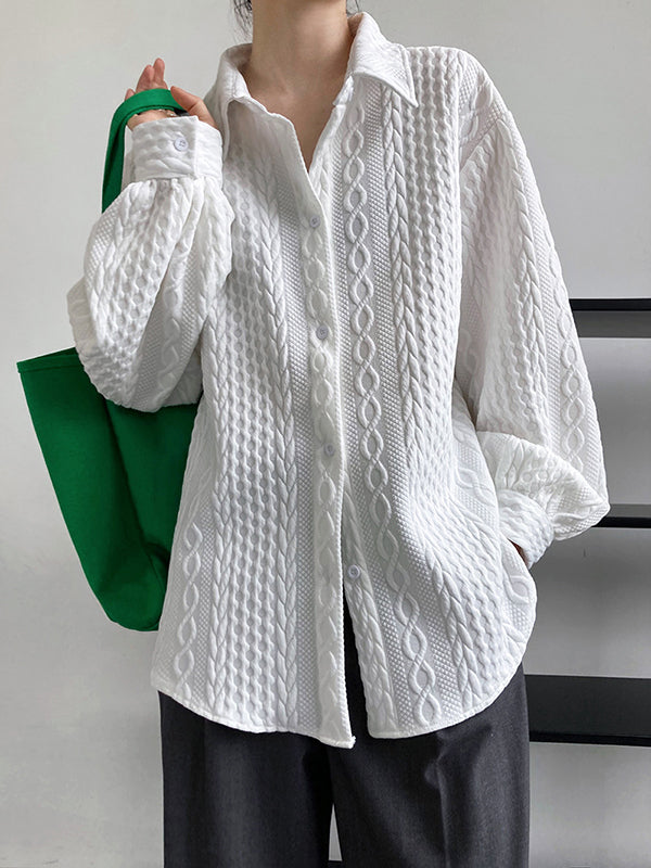 Simple Loose Long Sleeves Buttoned Solid Color Textured Lapel Collar Blouses&Shirts Tops