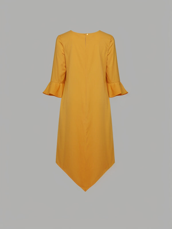 Asymmetric Solid Color Split-Joint Flared Sleeves High-Low Round-Neck Midi Dresses