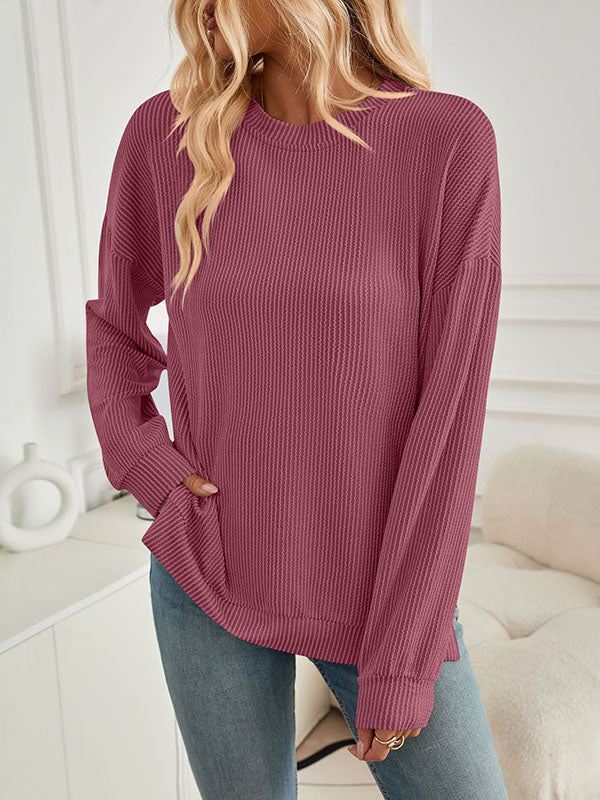 Pleated Solid Color Split-Joint Split-Side High-Low Long Sleeves Round-Neck Sweatershirt