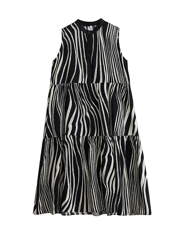 Striped Loose Sleeveless Stand Collar Midi Dresses