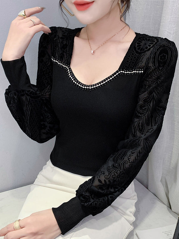 Rhine Stones Split-Joint Velvet Long Sleeves Skinny Square-Neck T-Shirts Tops