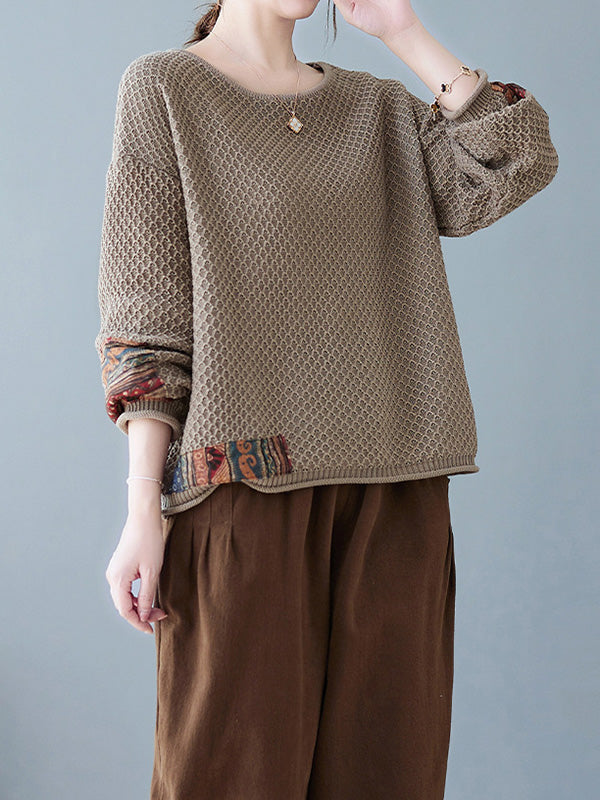 Printed Split-Joint Long Sleeves Loose Round-Neck Sweater Tops Pullovers