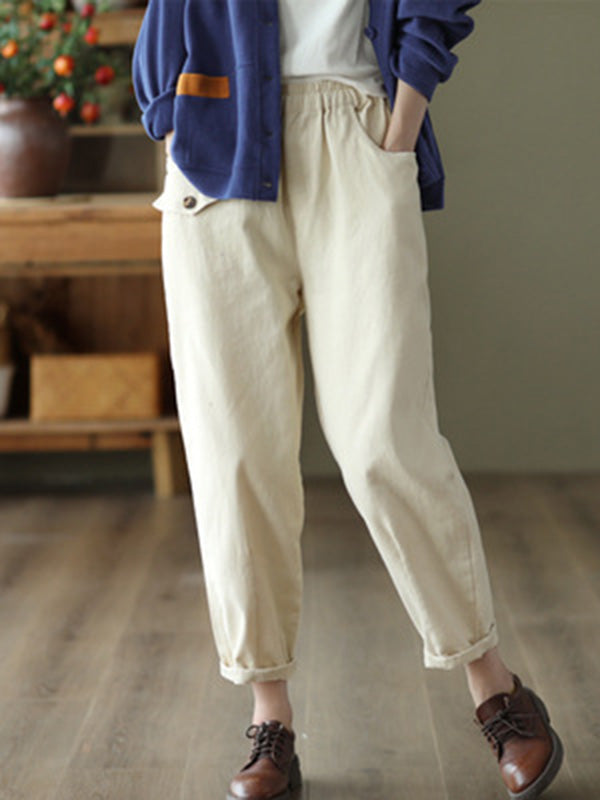 Artistic Retro Loose Solid Color Elasticity Casual Harem Pants Bottoms