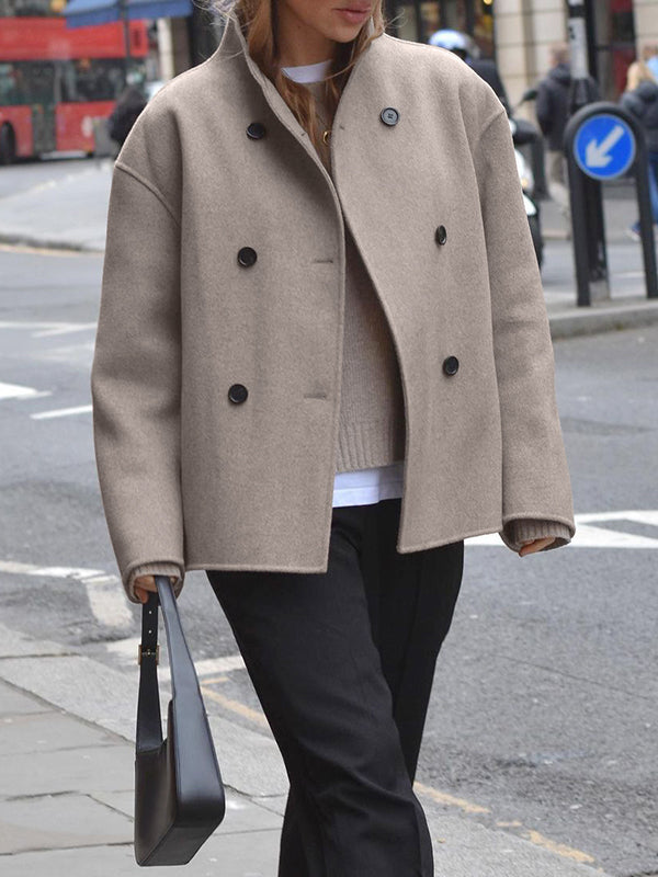 Buttoned Long Sleeves Loose Stand Collar Woolen Coat