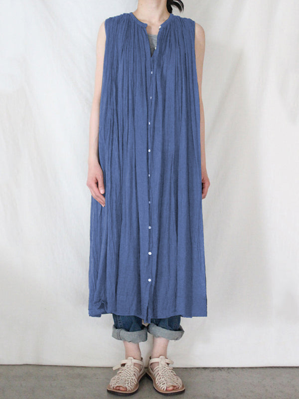 Pleated See-Through Loose Sleeveless Round-Neck Midi Dresses