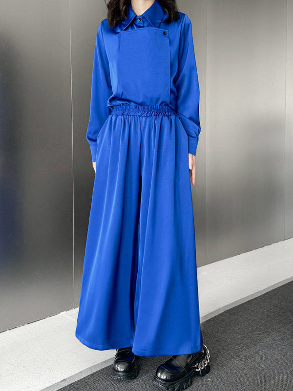 Buttoned Solid Color Long Sleeves Lapel Shirts Top + Elasticity High Waisted Pants Bottom Two Pieces Set
