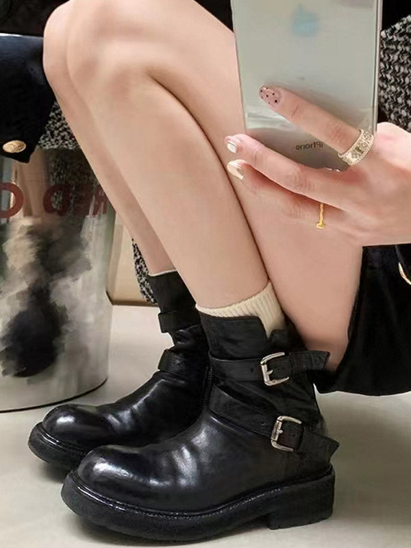 Belt Buckle Round-Toe Split-Joint Zipper Boots