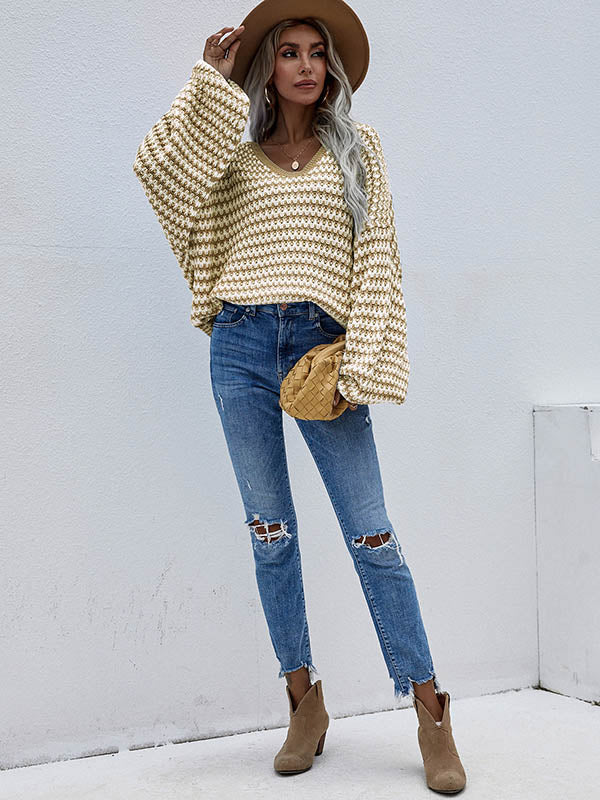 Original Loose Striped 8 Colors V-Neck Long Sleeves Sweater Top