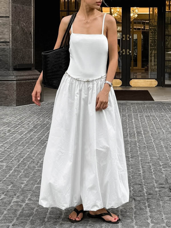Pleated Solid Color Split-Joint Loose Sleeveless Spaghetti-Neck Midi Dresses