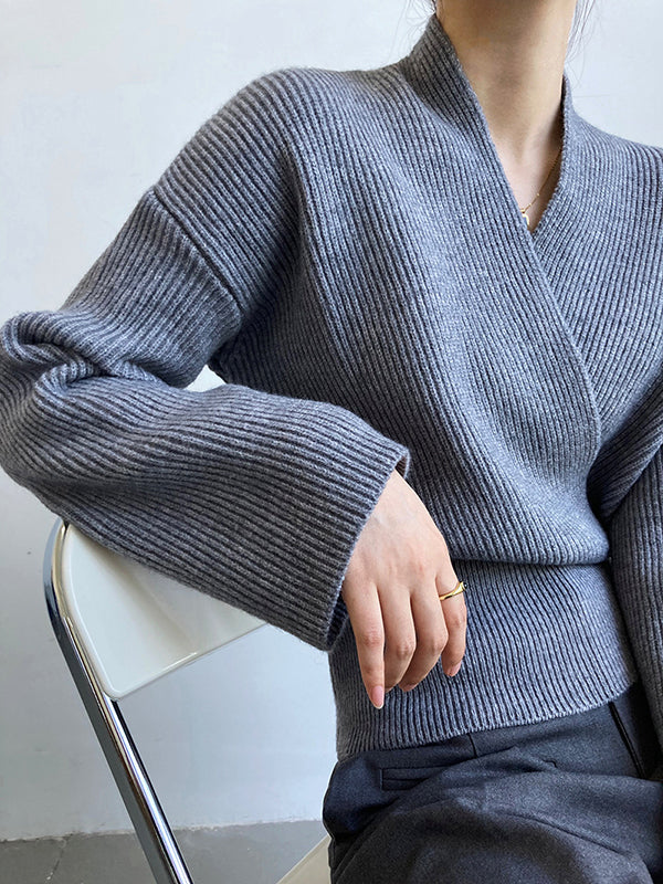 Casual Long Sleeves Loose Solid Color Cross V-Neck Sweater Tops