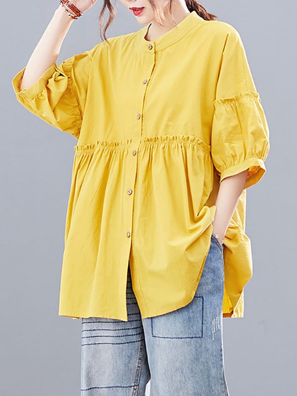Artistic Retro Loose Half Sleeves Pleated Falbala Split-Joint Solid Color Blouses