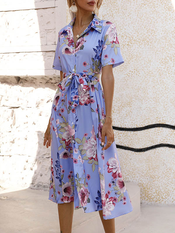 Buttoned Flower Print Tied Waist A-Line Loose Lapel Midi Dresses
