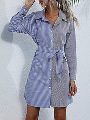 Buttoned Split-Joint Split-Side Striped Tied Waist Long Sleeves Loose Lapel Shirt Dress Mini Dresses