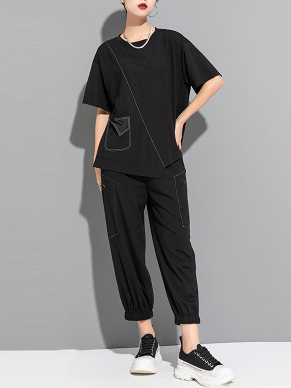 Asymmetric Solid Color Split-Joint Loose Short Sleeves Round-Neck T-Shirts Tops