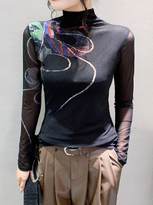 Printed See-Through Split-Joint Long Sleeves Plus Size High Neck T-Shirts