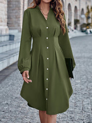 Buttoned No Belt Pleated Solid Color Long Sleeves Loose V-neck Shirt Dress Midi Dresses