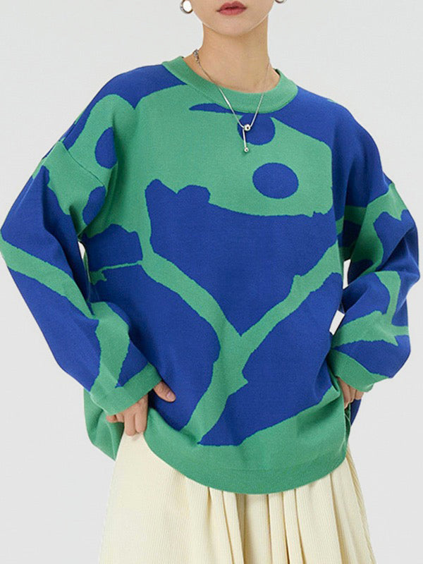 Contrast Color Velvet Long Sleeves Loose Round-Neck Sweater Tops Pullovers