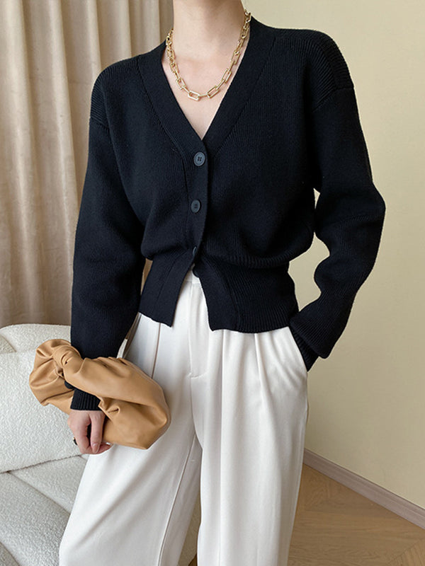 Solid Color Long Sleeves Loose V-Neck Cardigan Tops