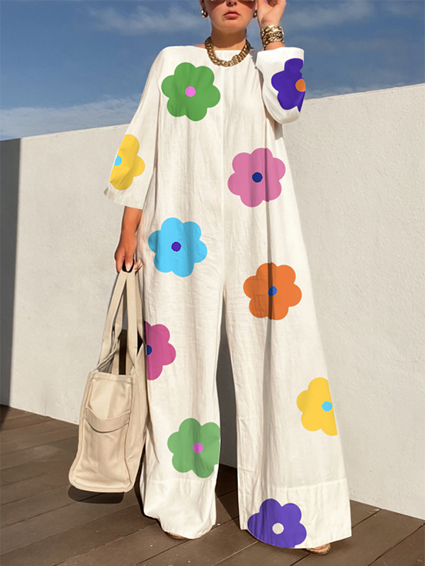 Contrast Color Floral Printed Flower Print Long Sleeves Loose Jumpsuits