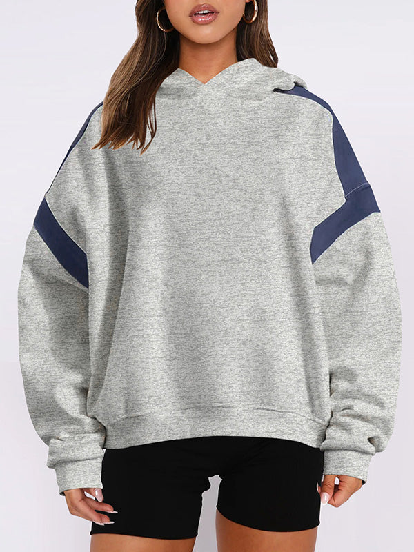Contrast Color Pockets Split-Joint Hooded Long Sleeves Hoodies Tops