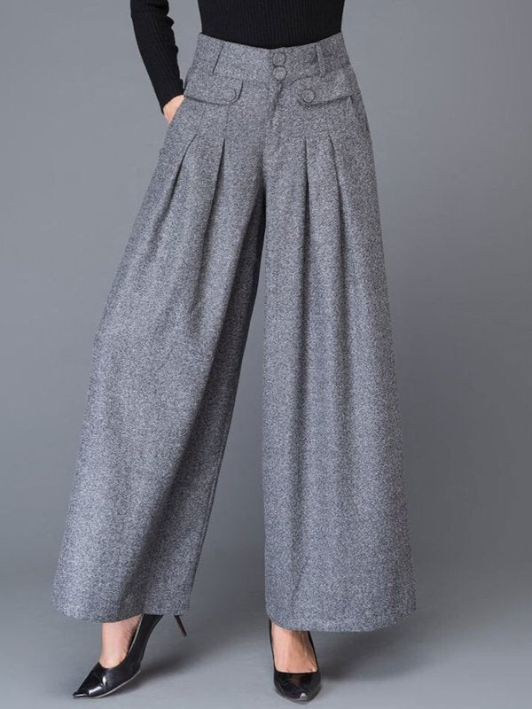 Buttoned No Belt Pleated Pockets Solid Color Split-Joint Loose Wide Leg Trousers Pants