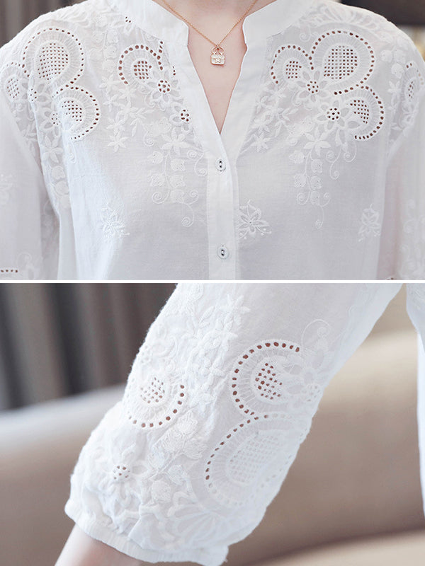 Vintage Half Sleeves Hollow Embroidered White Blouse
