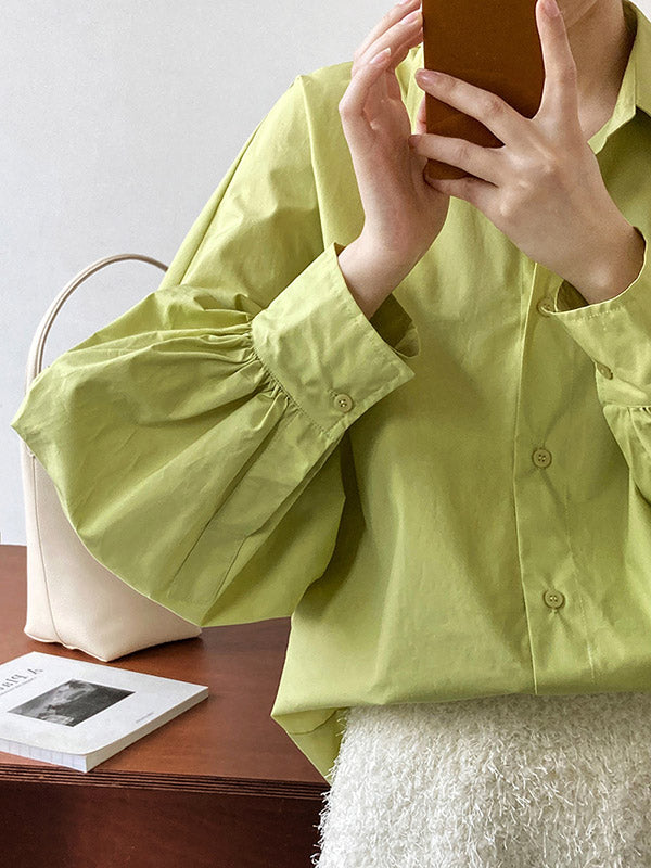 Buttoned Pleated Solid Color Long Sleeves Loose Lapel Blouses&Shirts Tops