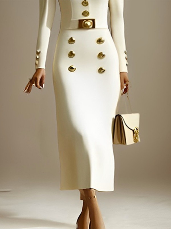 Buttoned Solid Color Long Sleeves Puff Sleeves Deep V-Neck Midi Dresses