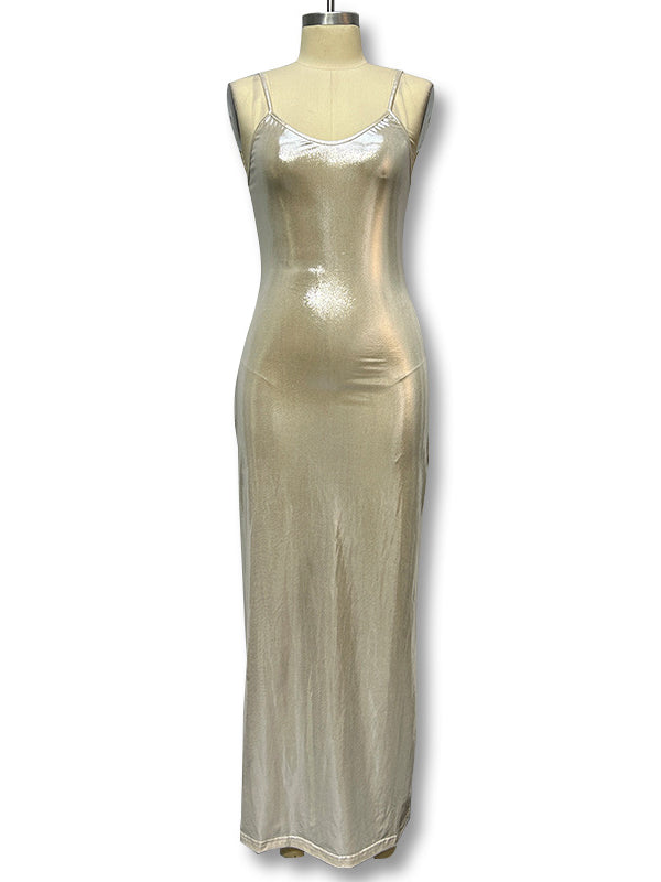 Shiny Solid Color Bodycon High Waisted Spaghetti-Neck Maxi Dresses