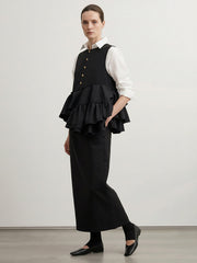 Asymmetric Buttoned Contrast Color Layered Ruffled Split-Joint Column Irregularity Lapel Shirt Dress Maxi Dresses