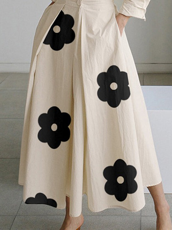 Contrast Color Floral Printed Pleated Tied Waist Long Sleeves Loose Lapel Shirt Dress