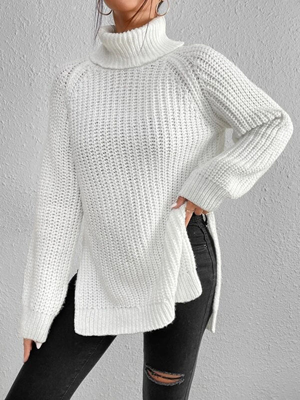 Solid Color Split-side Long Sleeves Loose High Neck Sweater Tops Pullovers