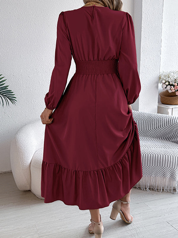 Pleated Solid Color A-Line Elasticated Waist Round-Neck Maxi Dresses