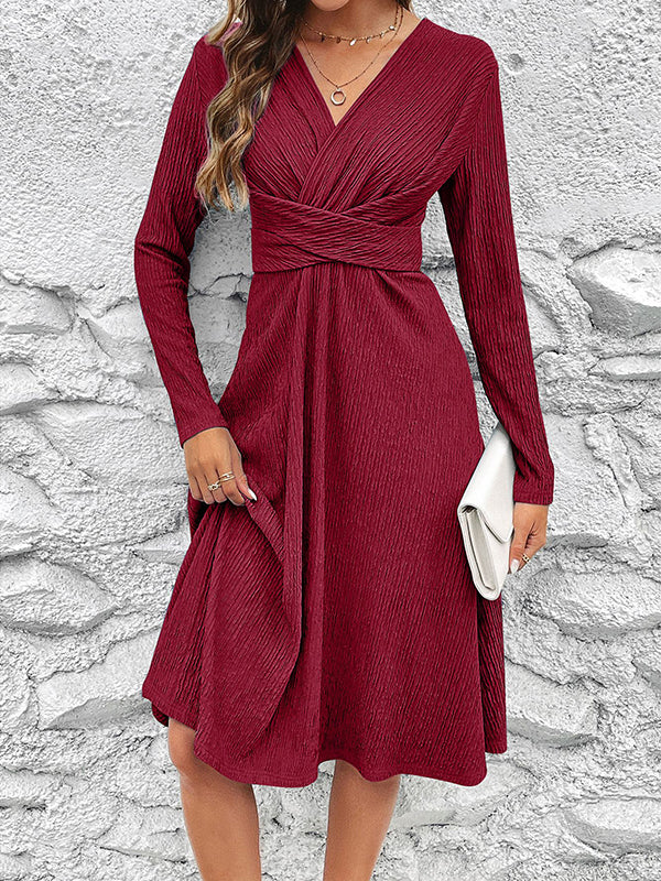 Pleated Solid Color Split-Joint Long Sleeves Loose V-Neck Midi Dresses