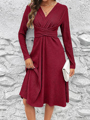 Pleated Solid Color Split-Joint Long Sleeves Loose V-Neck Midi Dresses
