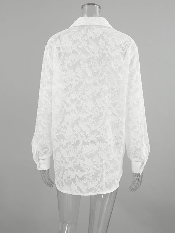 Jacquard See-Through Split-Joint Long Sleeves Loose Lapel Blouses&Shirts Tops