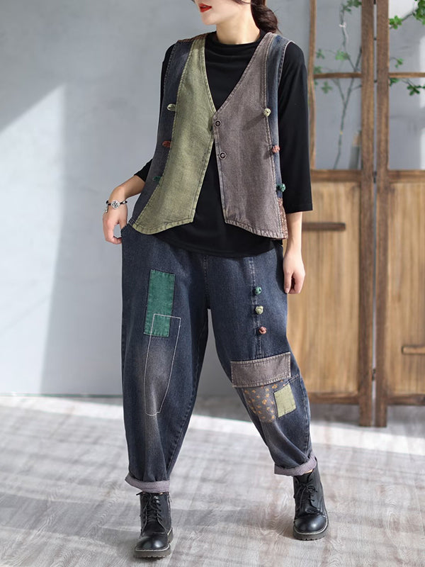 Loose Split-Joint V-Neck Vest Top + Jean Harem Pants Bottoms  Two Pieces Set