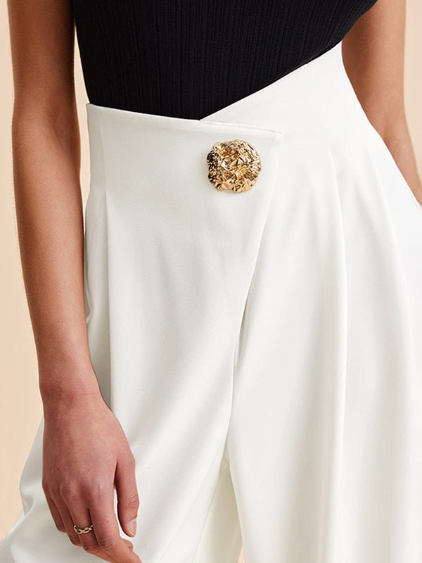 High Waisted Loose Buttoned Pleated Solid Color Pants Trousers