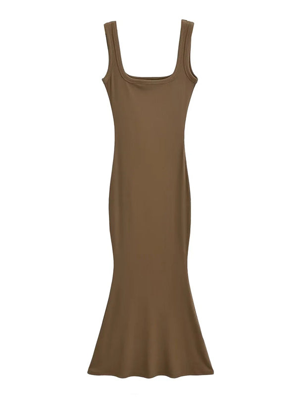 Solid Color Mermaid Skinny Round-Neck Maxi Dresses