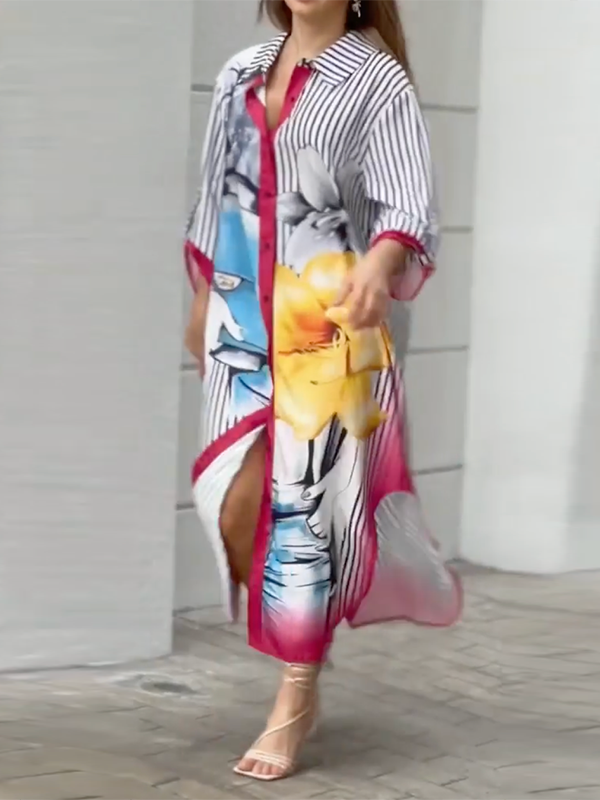 Long Sleeves Loose Asymmetric Printed Striped Lapel Collar Midi Dresses