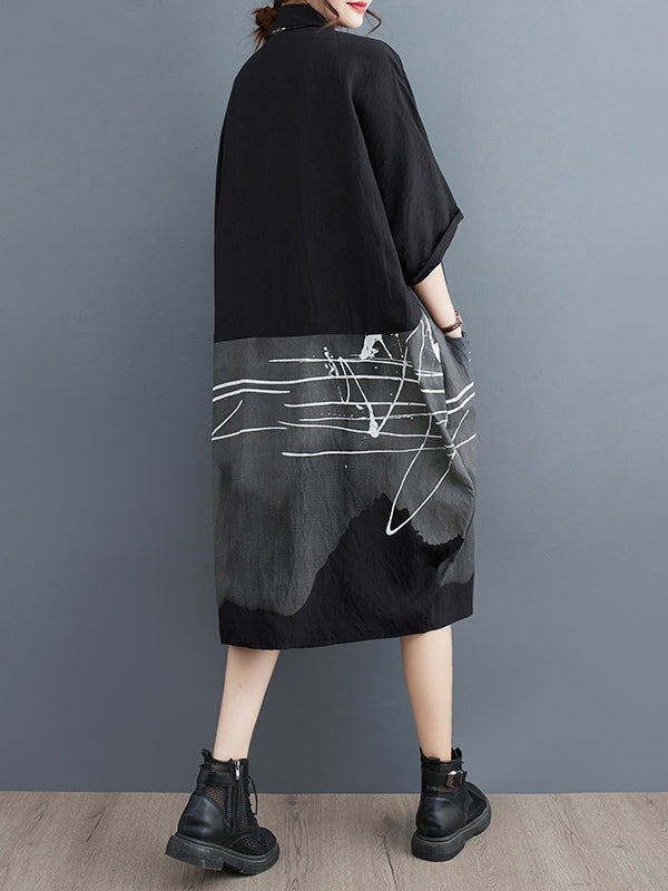 Printed Half Sleeves Loose Lapel Midi Dresses