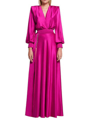 Buttoned Split-Side Zipper High Waisted Long Sleeves Deep V-Neck Maxi Dresses