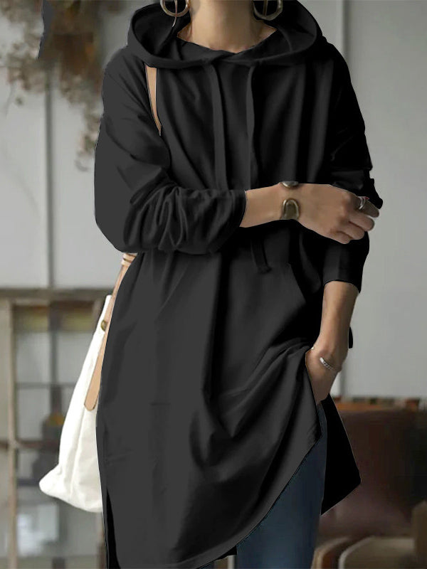 Urban Loose Drawstring Split-Side Solid Color Hoodies Top