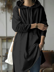 Urban Loose Drawstring Split-Side Solid Color Hoodies Top